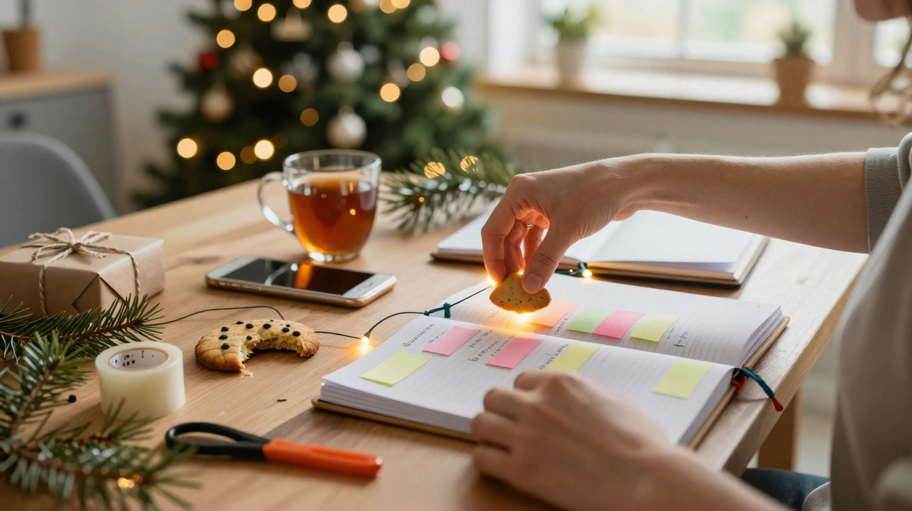 Mãos pegando bolacha junto a caderno com post-its, chá, telemóvel e árvore de Natal desfocada.