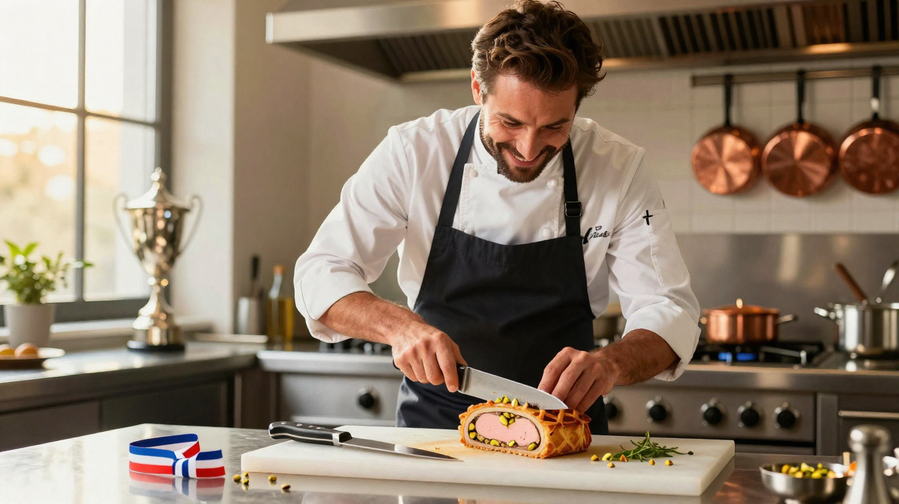 Chef sorridente a fatiar um prato elaborado numa cozinha profissional moderna.