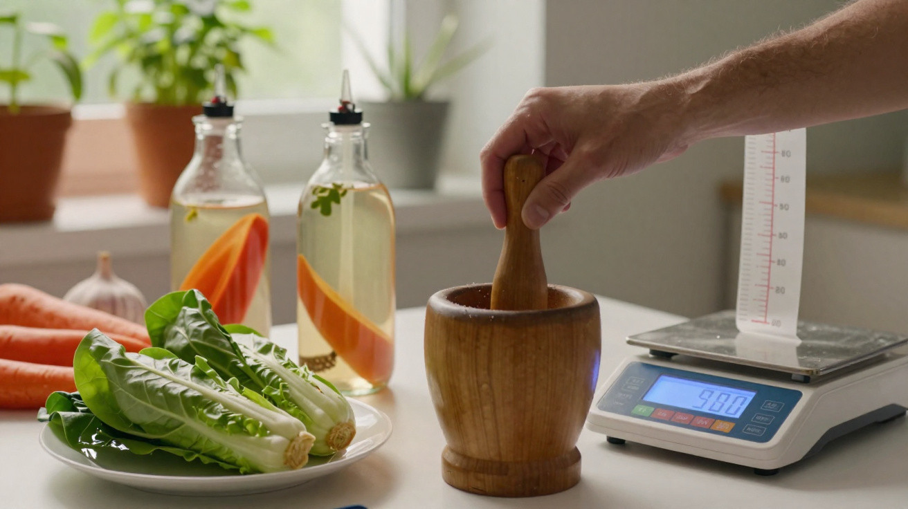 Mãos a usar almofariz de madeira na cozinha com alface, cenouras, garrafas e balança digital.