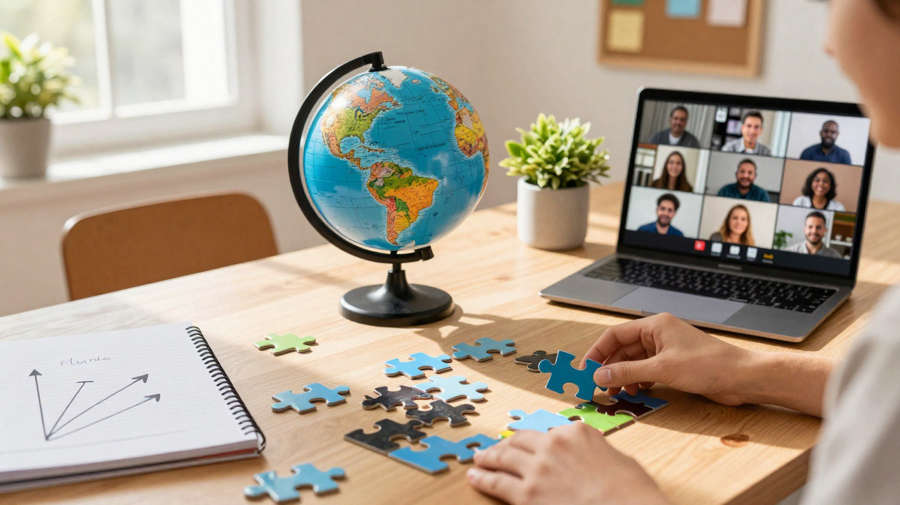 Pessoa a montar puzzle perto de globo e computador com videoconferência numa mesa de madeira iluminada.