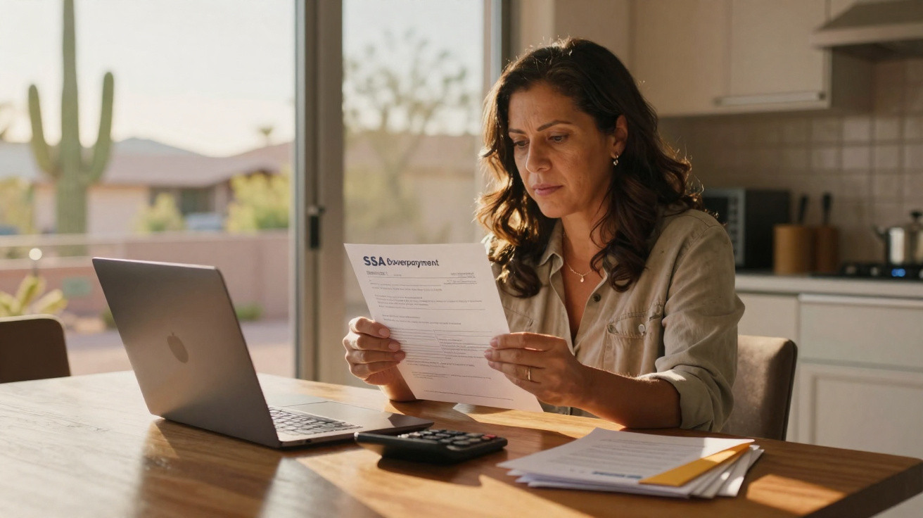 Mulher sentada à mesa em casa, a ler um documento com expressão concentrada, com laptop e calculadora à sua frente.