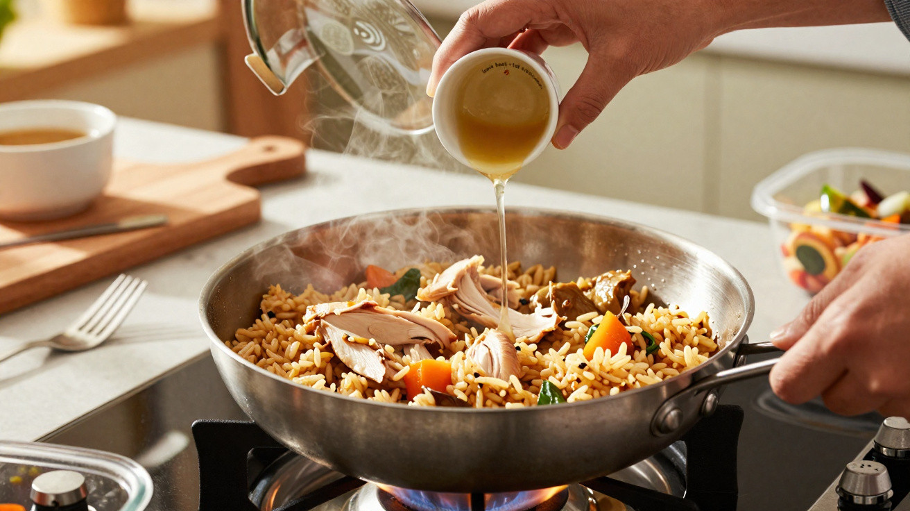 Mãos a preparar arroz com legumes e pedaços de frango numa frigideira sobre fogão a gás.