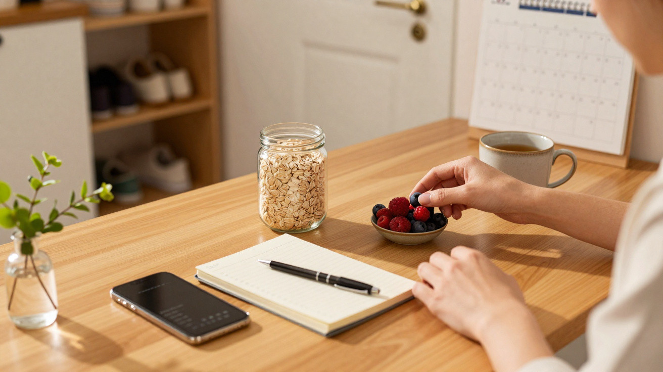 Pessoa a pegar frutos vermelhos num pequeno prato, com caderno, telemóvel e frasco de aveia numa mesa de madeira.