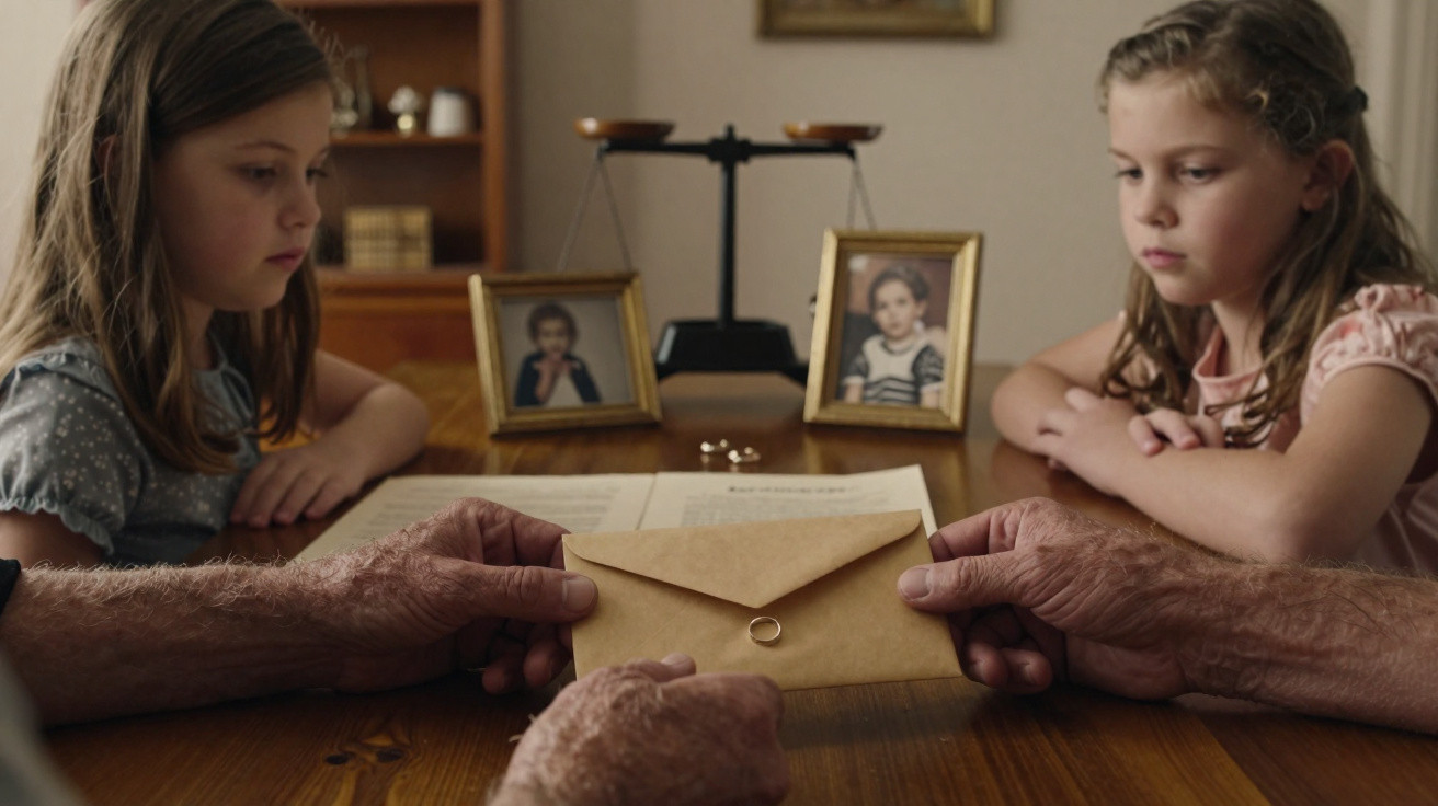 Crianças e mãos envelhecidas seguram envelope com aliança sobre mesa com fotos antigas.