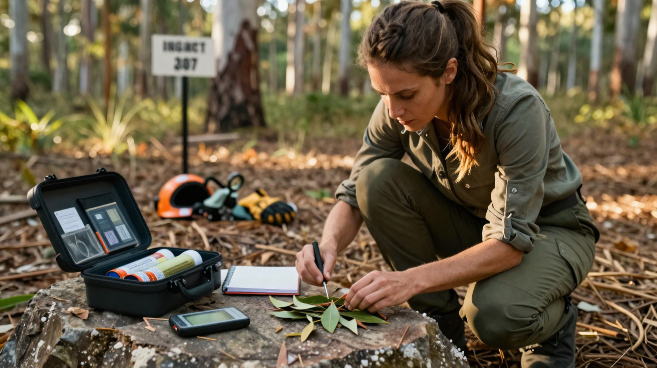 Mulher cientista a estudar folhas numa floresta, com equipamentos e bloco de notas junto de um tronco.