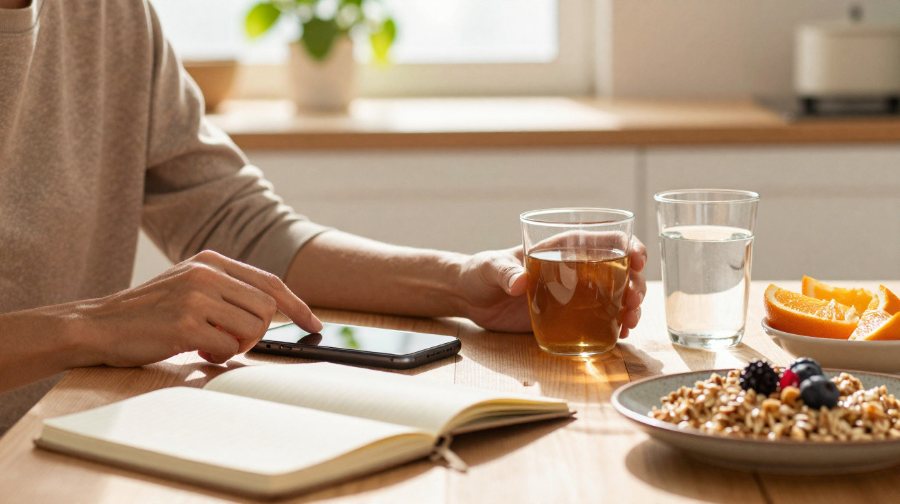 Pessoa a usar telemóvel com chá, água, caderno aberto, frutos vermelhos e fatias de laranja numa mesa de cozinha.