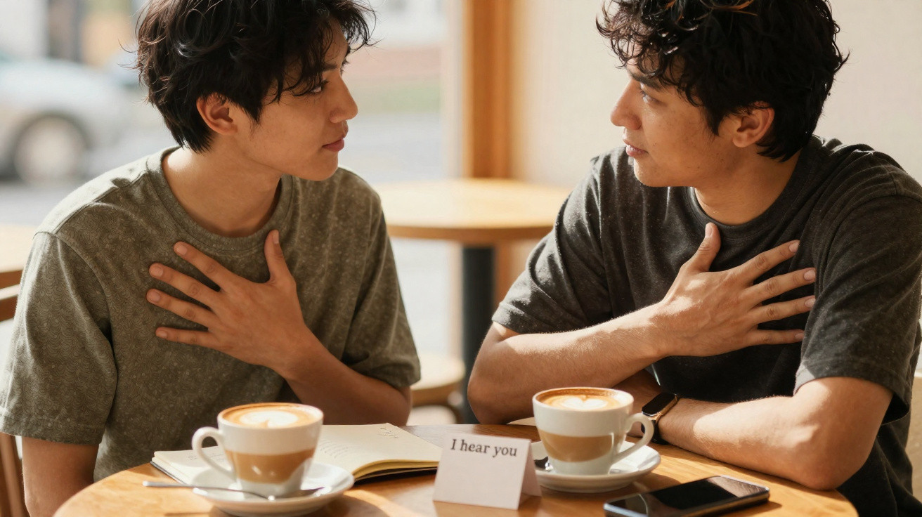 Duas pessoas sentadas num café, a conversarem com expressão sincera e a mão no peito.