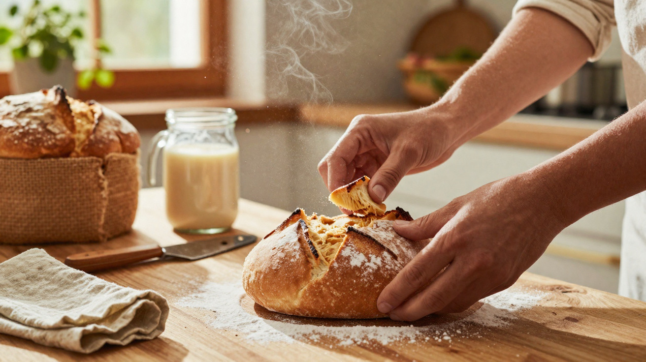 Mãos a partir um pão fumegante sobre uma tábua de madeira numa cozinha iluminada.