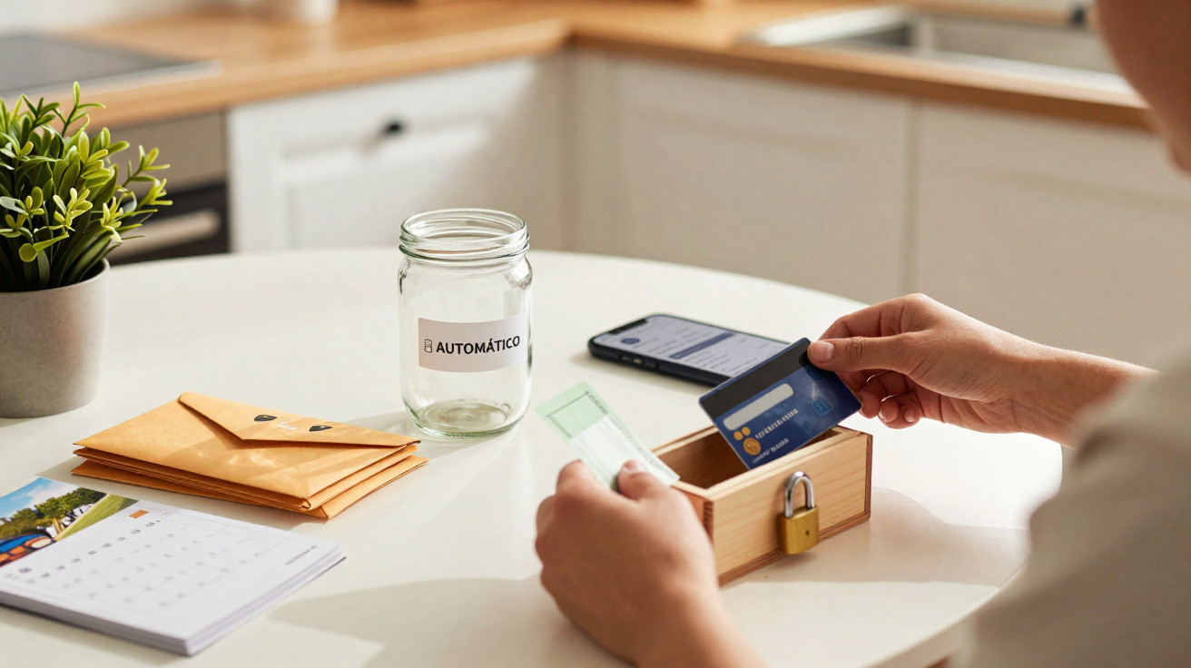 Pessoa a guardar cartão bancário numa caixa de madeira trancada, perto de frasco "Automático" e smartphone.