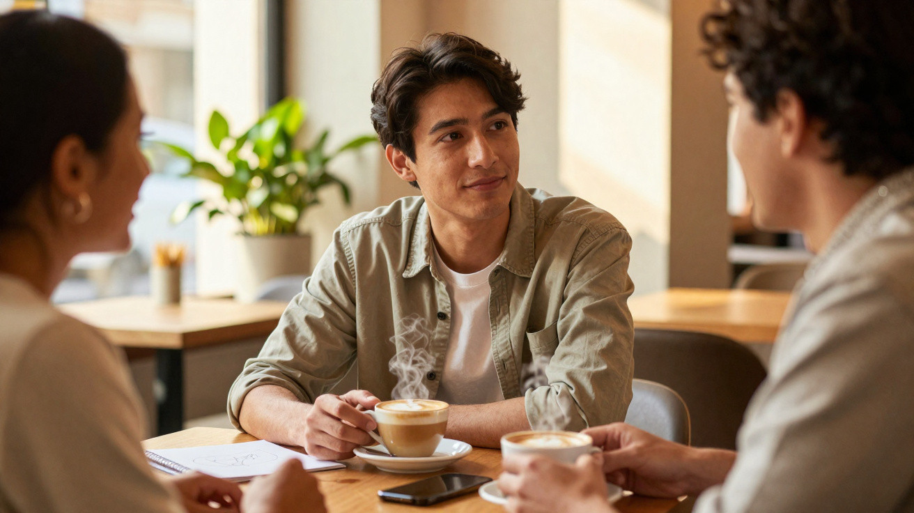 Grupo de três pessoas numa conversa amigável num café, com chávenas de café quente à frente.