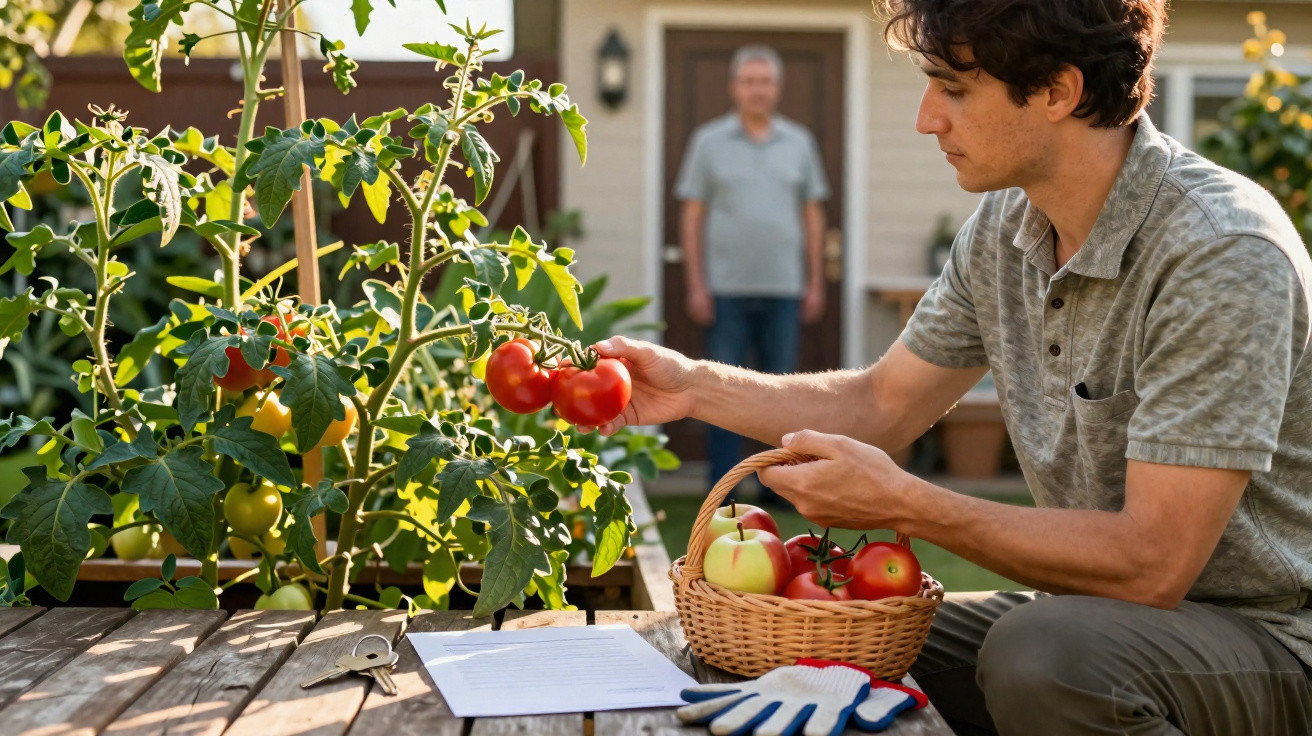 Homem colhe tomates maduros numa horta caseira enquanto idoso observa à porta de casa ao fundo.