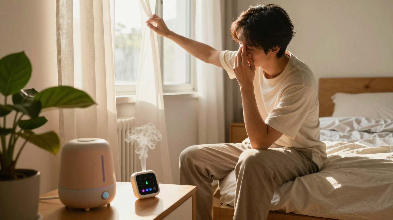 Homem sentado na cama a abrir cortina, com humidificador e relógio digital numa mesa ao lado.