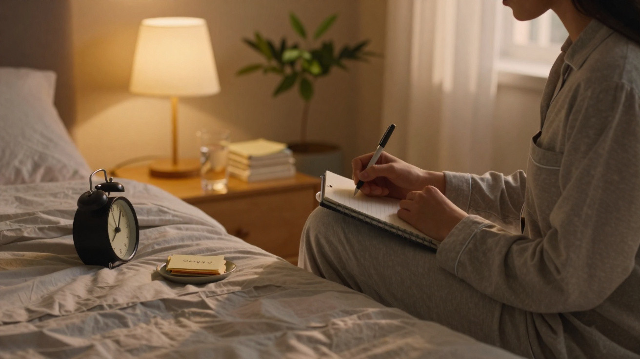 Pessoa em pijama sentada na cama a escrever num caderno, com relógio, pilha de post-its e candeeiro ao fundo.
