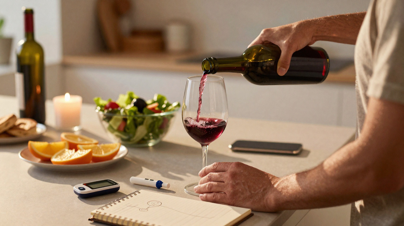 Pessoa a servir vinho tinto num copo, com comida e acessórios médicos numa mesa.