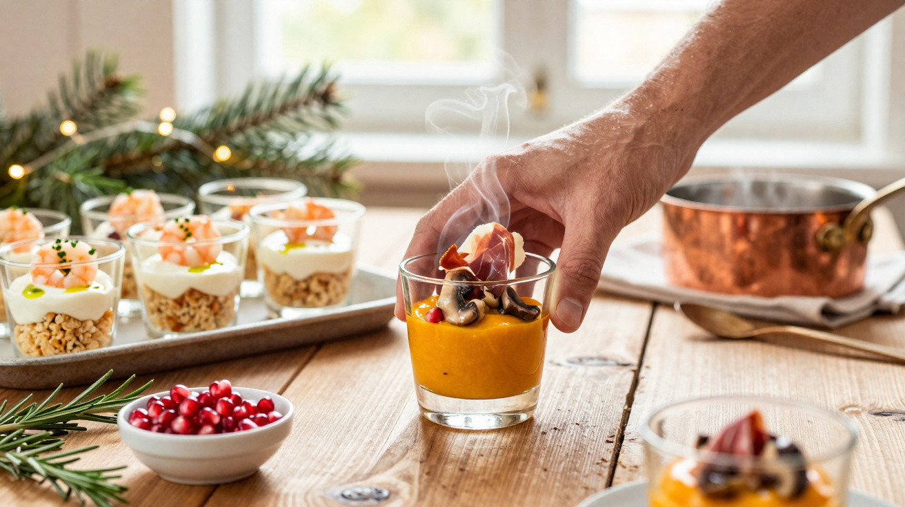 Mão a pegar copo com creme quente, cogumelos e presunto, e copos com sobremesa de camarão numa mesa de madeira.
