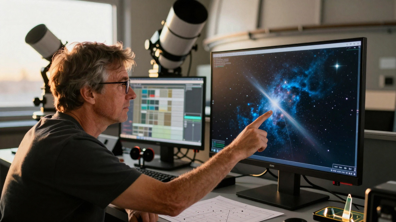 Homem a apontar para imagem de nebulosa numa tela de computador num laboratório de astronomia.