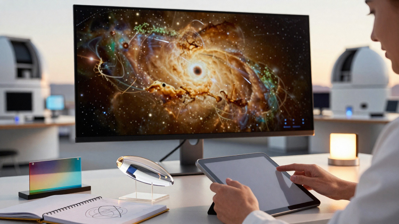 Pessoa a usar tablet numa mesa com monitor a mostrar imagem do espaço e modelos científicos ao lado.