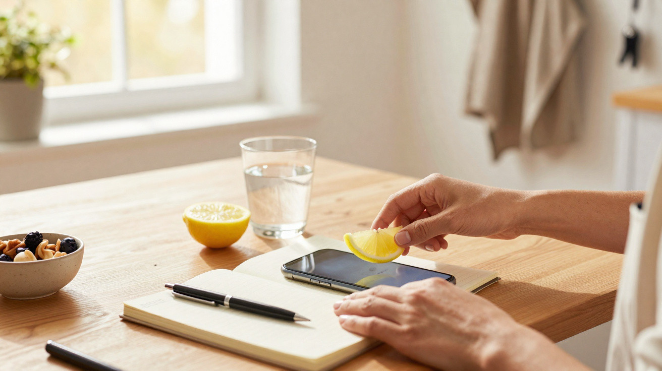Pessoa a limpar ecrã de telemóvel com fatia de limão junto a caderno, caneta, copo de água e frutos secos numa mesa.
