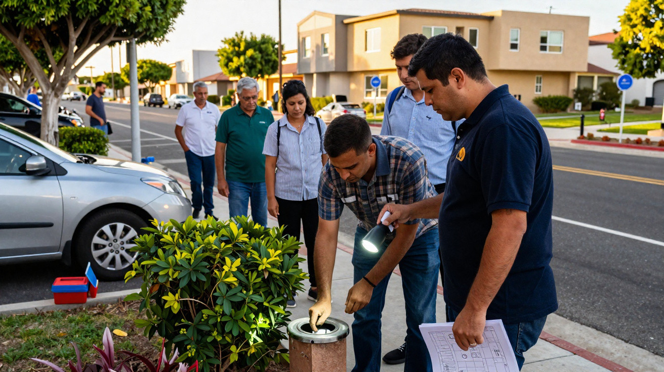 Grupo de pessoas em educação ambiental junto a um bueiro numa rua residencial iluminada ao entardecer.
