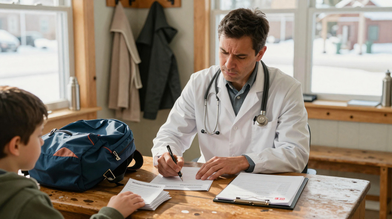Médico com bata branca e estetoscópio consulta criança numa sala iluminada e anota informações em papel.