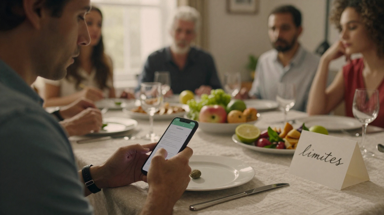 Pessoa com telemóvel na mão à mesa de jantar com familiares, placa com a palavra "limites" em destaque.