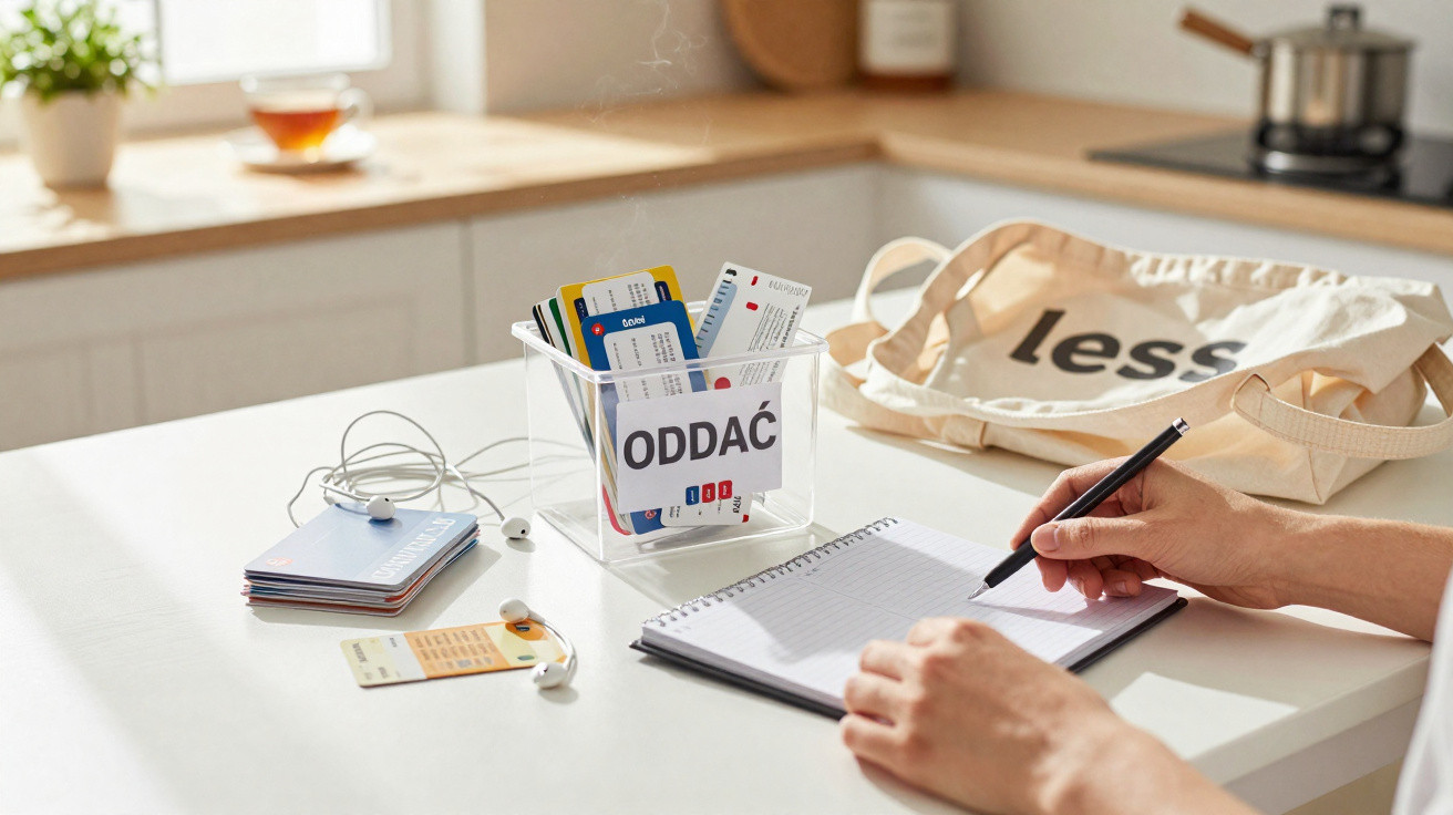 Mãos a escrever num bloco de notas com várias cartas e auscultadores numa caixa transparente sobre mesa iluminada.