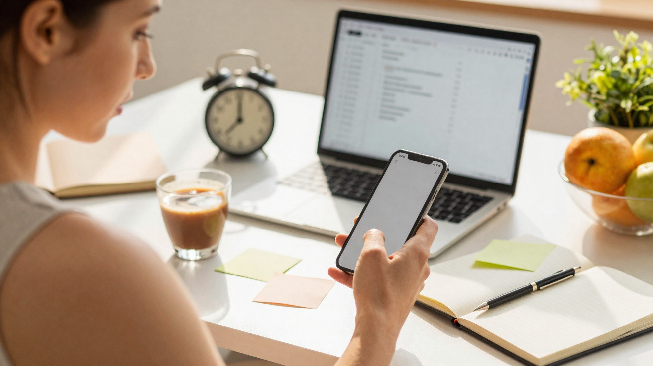 Mulher a usar smartphone junto a computador portátil, caderno, café e frutas numa mesa de escritório em casa.