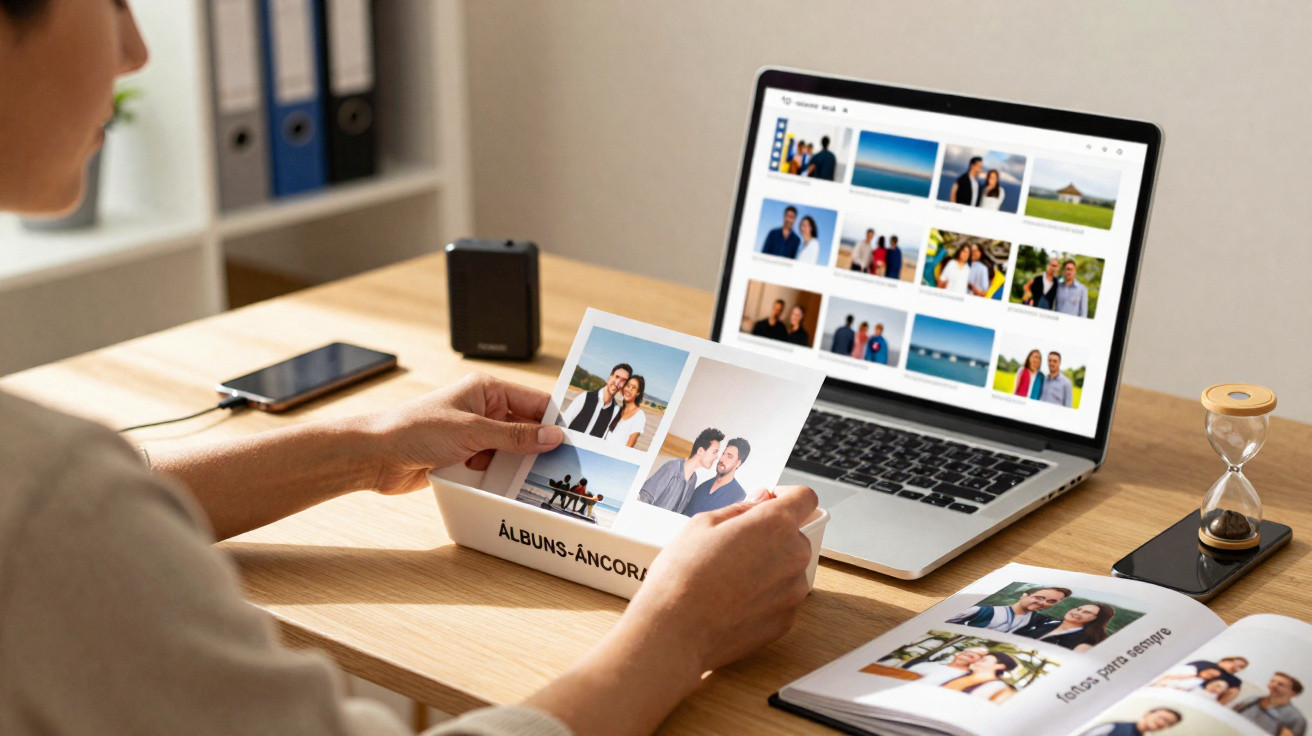 Pessoa a organizar fotografias impressas junto a um computador portátil com álbuns digitais abertos.