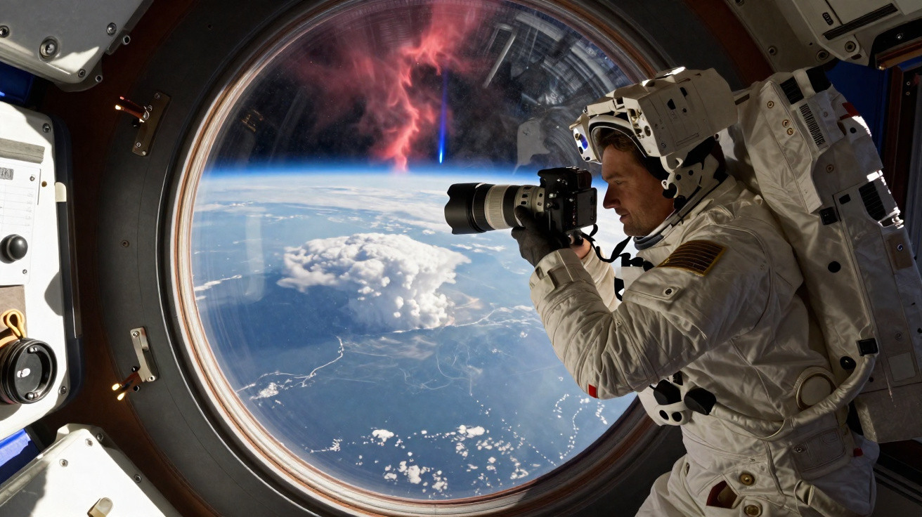 Astronauta em fato espacial a tirar fotografias da Terra através da janela da estação espacial.
