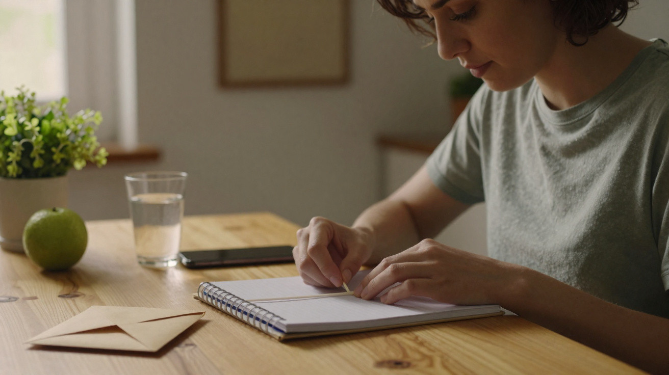 Pessoa a escrever num caderno numa mesa de madeira com envelope, maçã verde, copo de água e telemóvel.