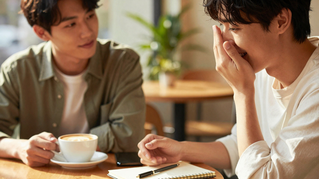 Dois homens jovens a conversar e rir enquanto estão sentados num café com uma caderneta e chávena de café.