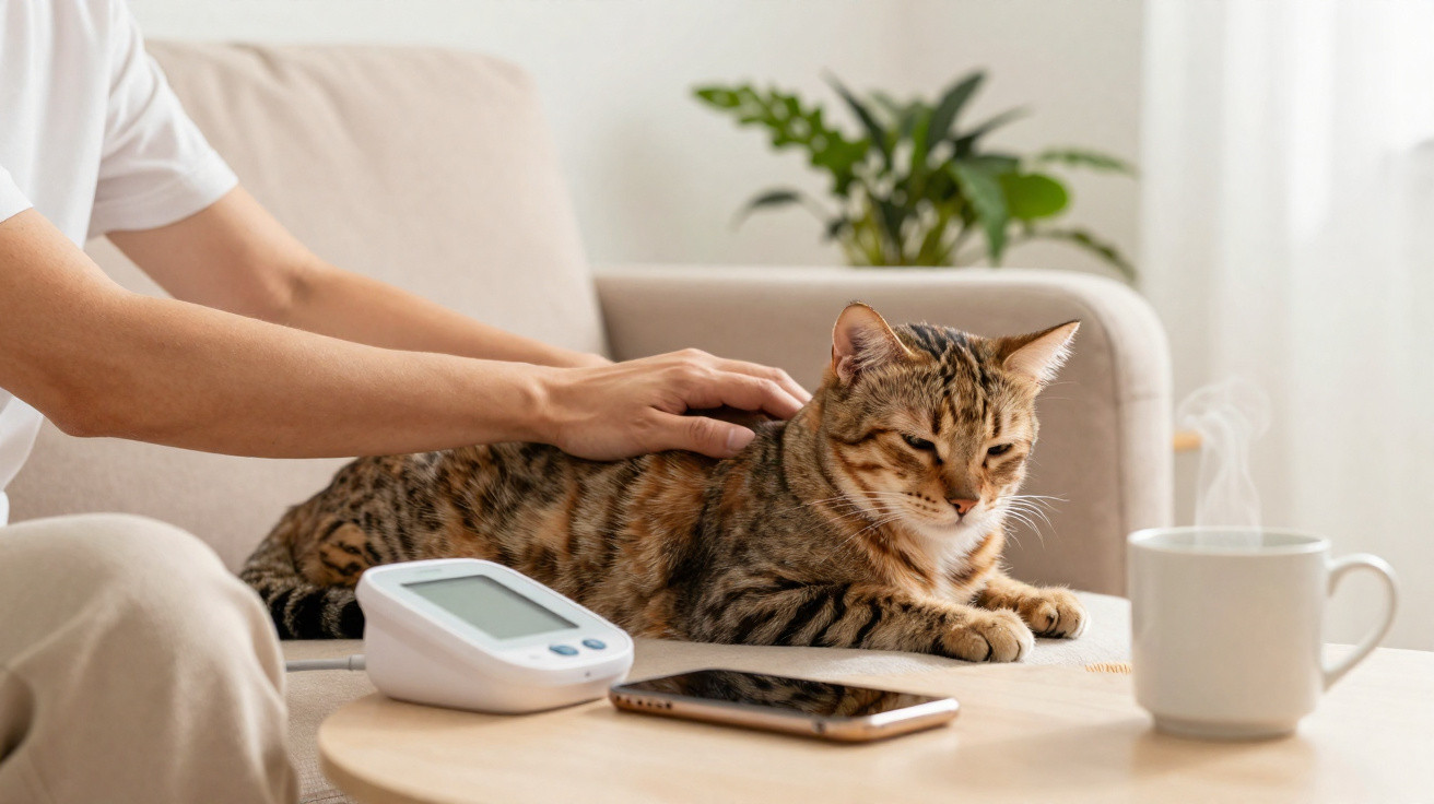 Pessoa a fazer carinho num gato junto a um monitor de pressão, telemóvel e chá quente numa sala acolhedora.