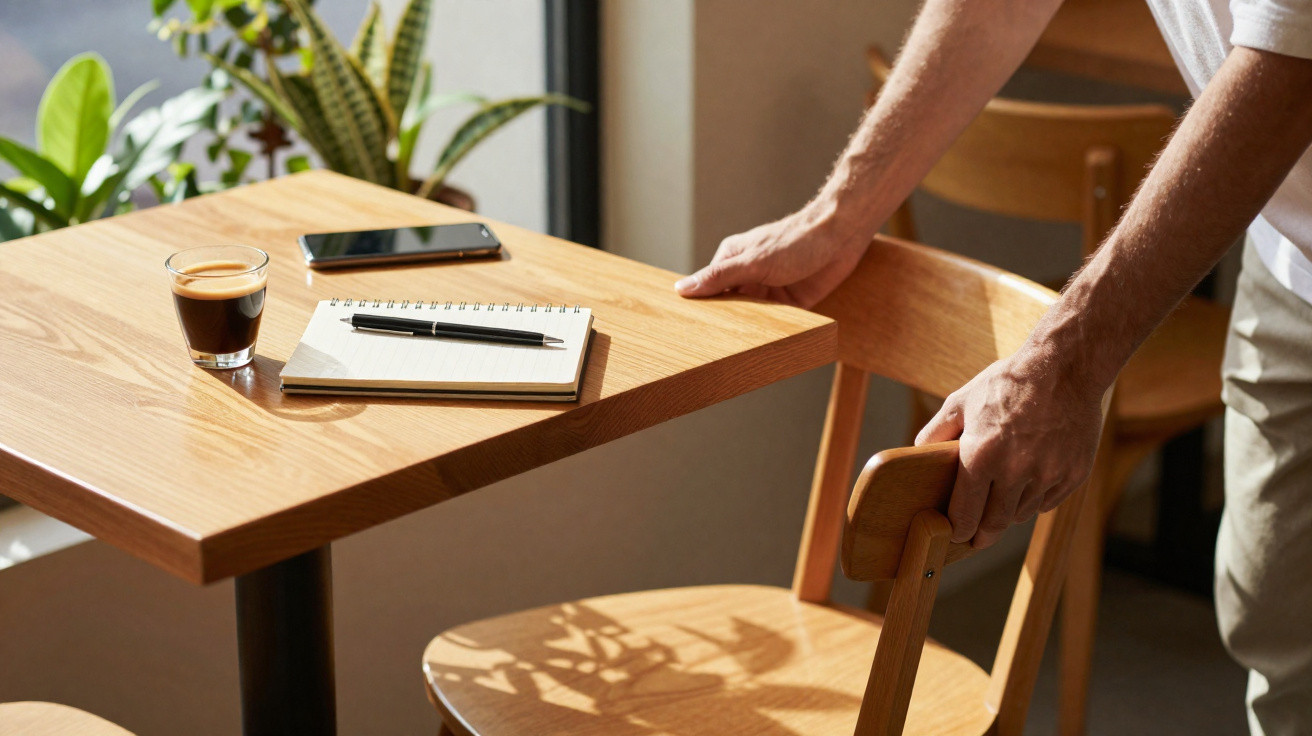 Pessoa a puxar uma cadeira de madeira junto a uma mesa com café, caderno, caneta e smartphone.