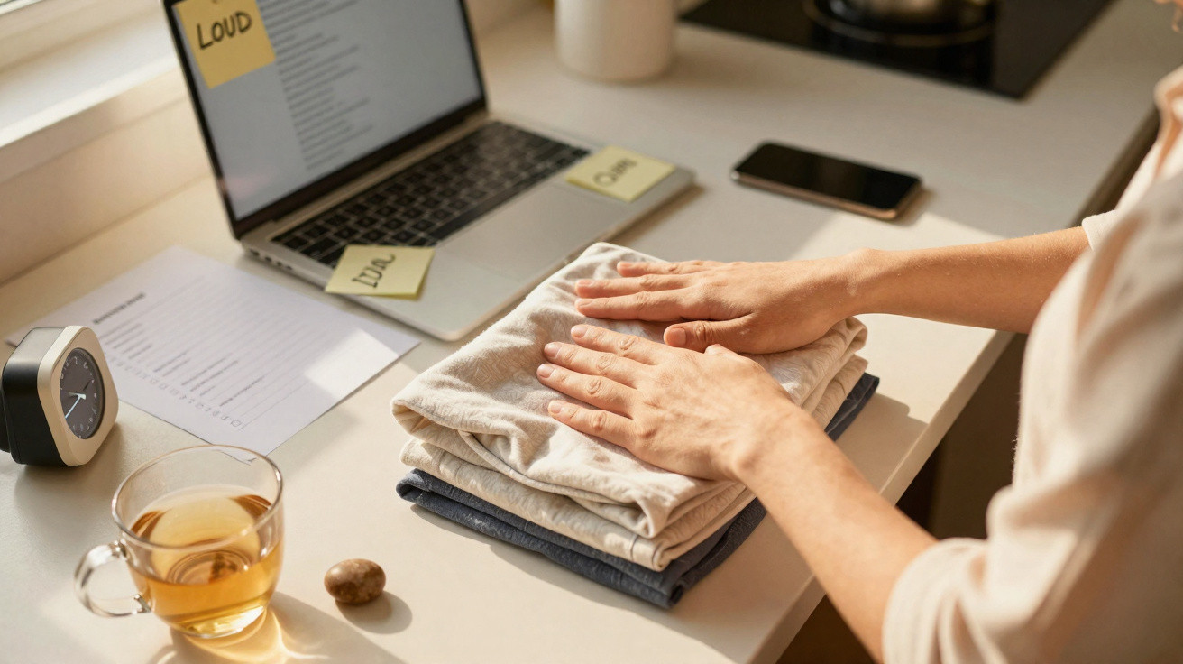 Mãos a dobrar roupa sobre uma mesa com computador, chá, relógio e telemóvel numa área de trabalho.