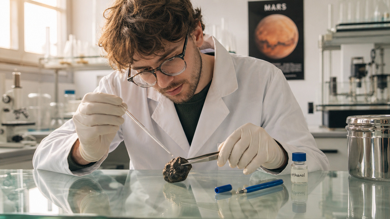 Cientista a analisar uma amostra de rocha com pinças e conta-gotas num laboratório com cartaz de Marte ao fundo.
