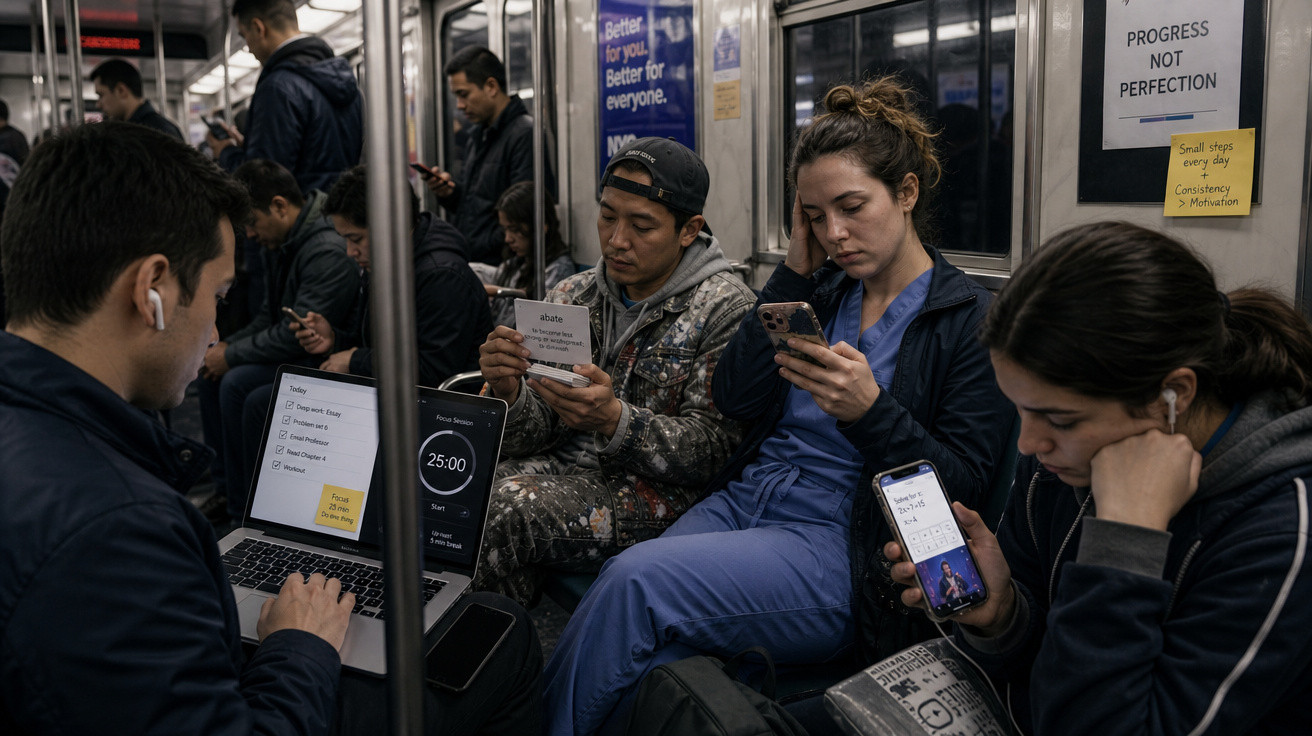 Passageiros variados no metro utilizam telemóveis, computador portátil e lêem notas, focados em seus dispositivos.