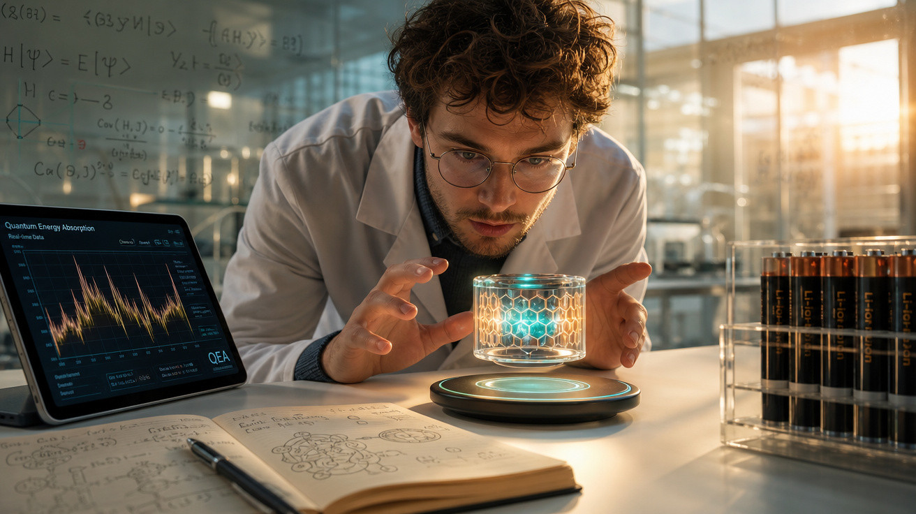 Cientista a analisar um objeto tecnológico holográfico flutuante num laboratório moderno iluminado.