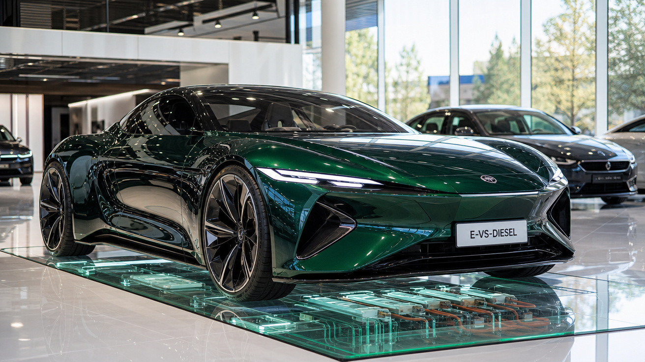 Carro desportivo verde escuro com design futurista numa exposição em showroom moderno.