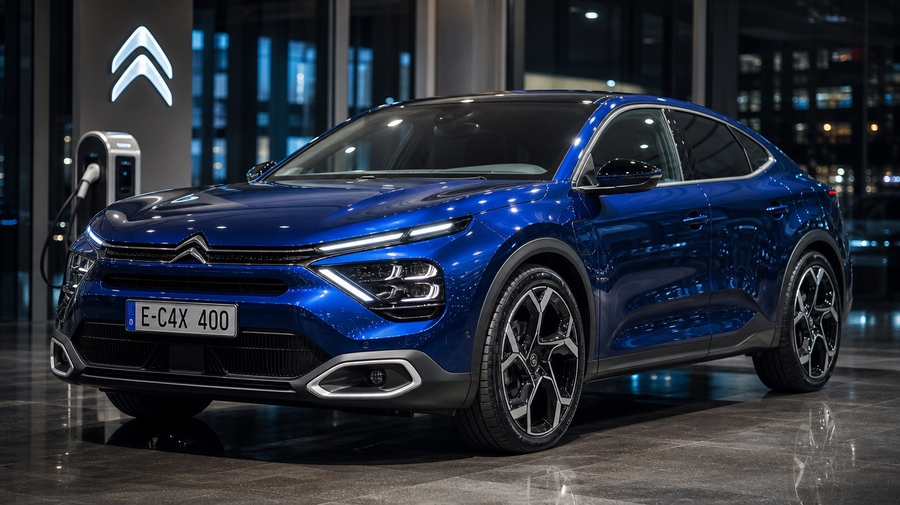 Carro elétrico Citroën E-C4X 400 azul exposto em showroom moderno durante a noite.