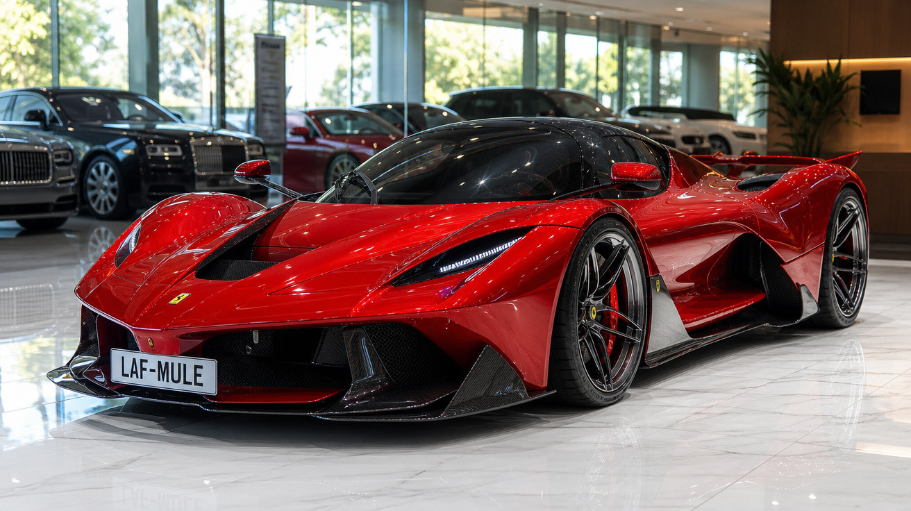 Carro desportivo vermelho com design aerodinâmico exposto em showroom de luxo.