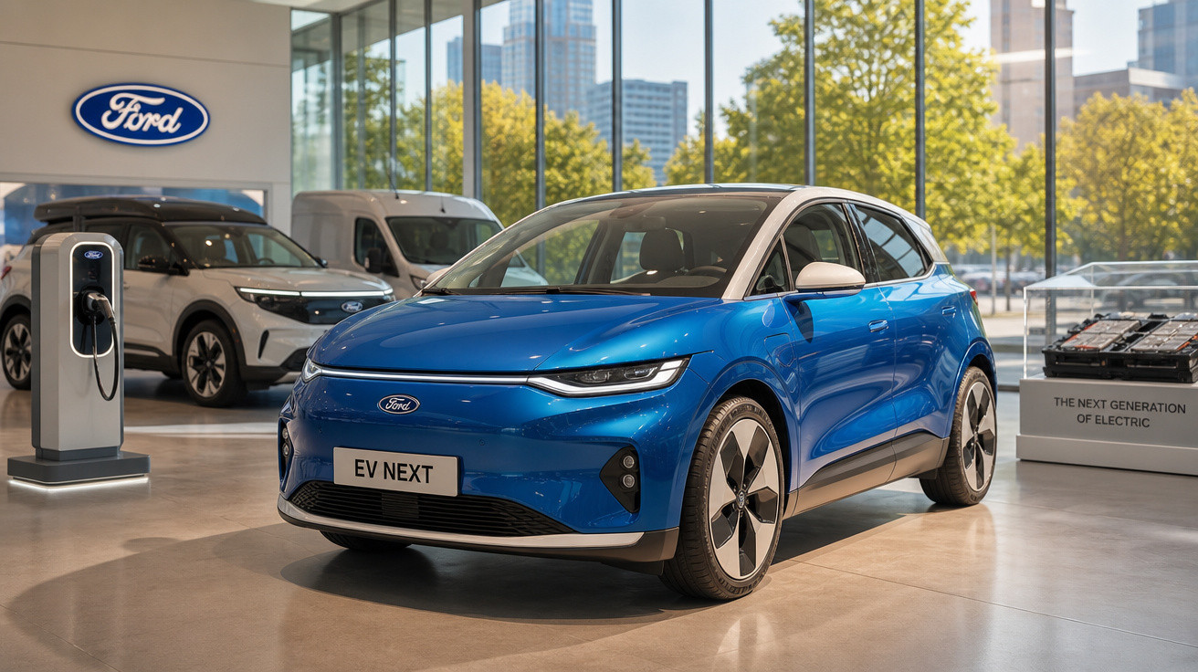 Automóvel elétrico azul Ford EV Next exposto em sala de showroom com vinheta e carros ao fundo.