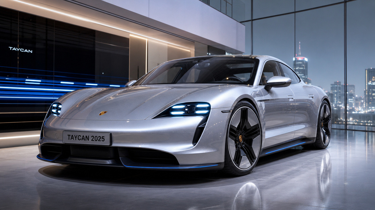Veículo eléctrico Porsche Taycan 2025 prateado exposto numa garagem moderna com iluminação ambiente.