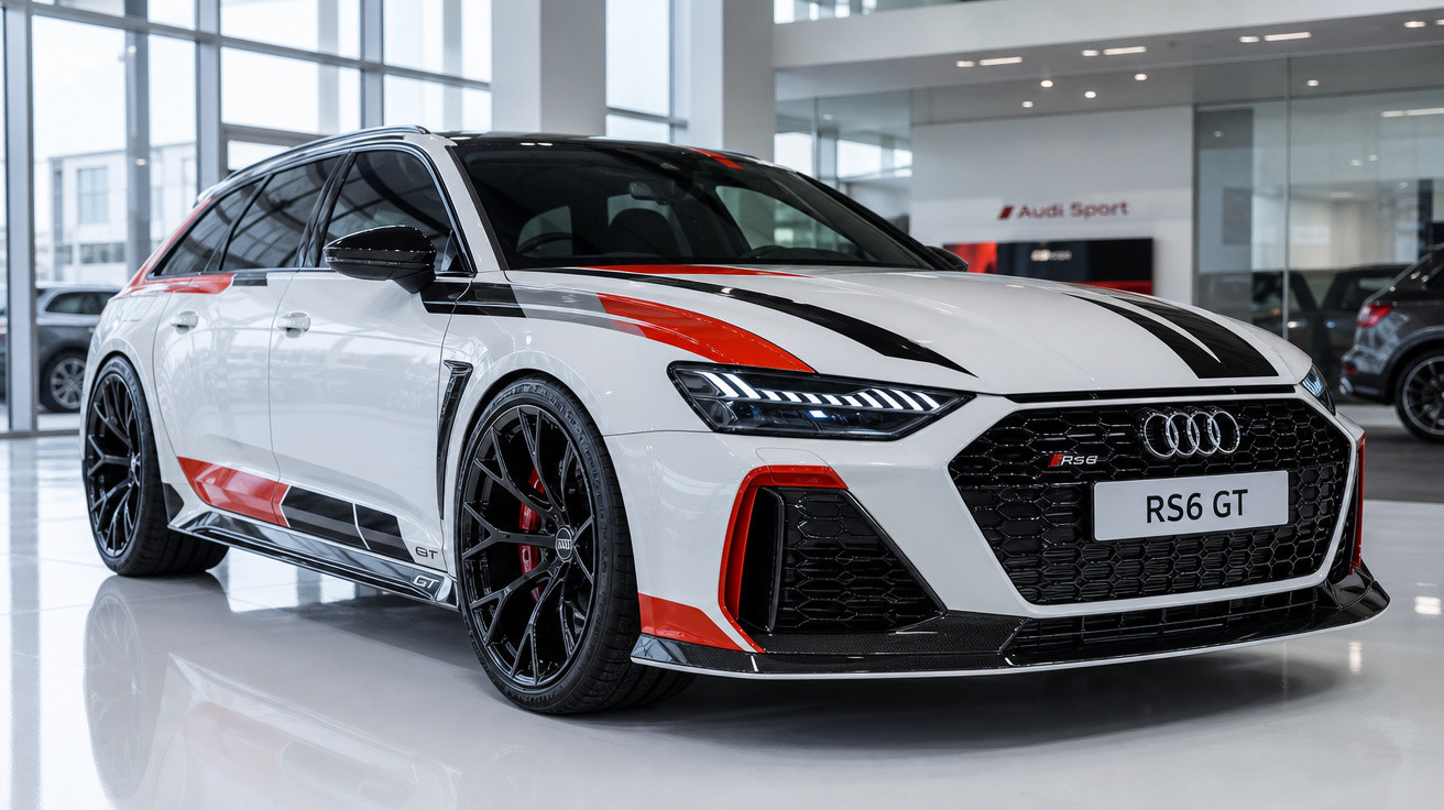 Carro Audi RS6 GT branco com detalhes a preto e vermelho, exposto num showroom moderno.