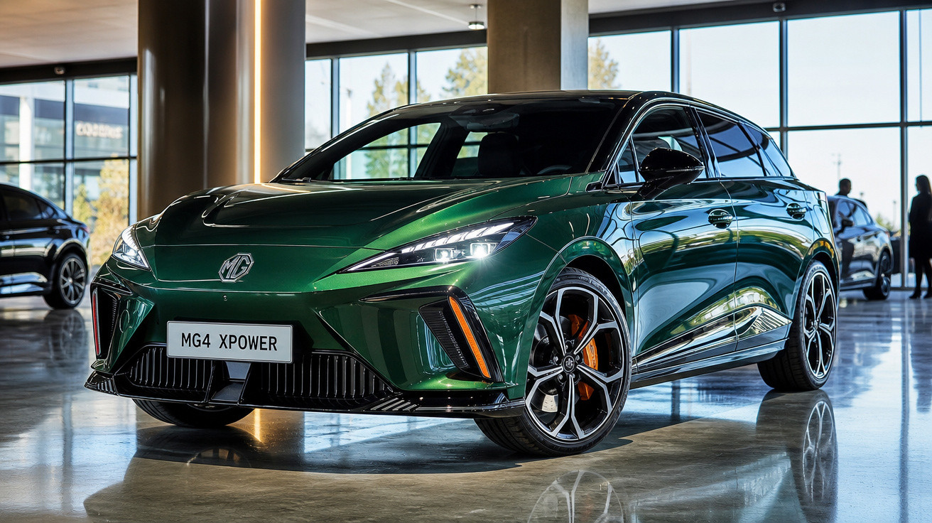 Carro elétrico verde MG4 XPOWER estacionado num salão moderno com grandes janelas.