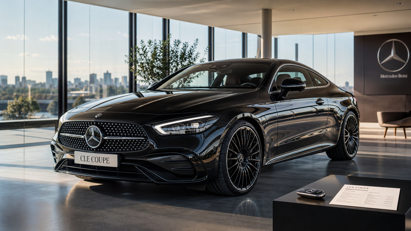 Automóvel Mercedes-Benz CLE Coupe preto exibido numa sala de exposição moderna com janelas panorâmicas.