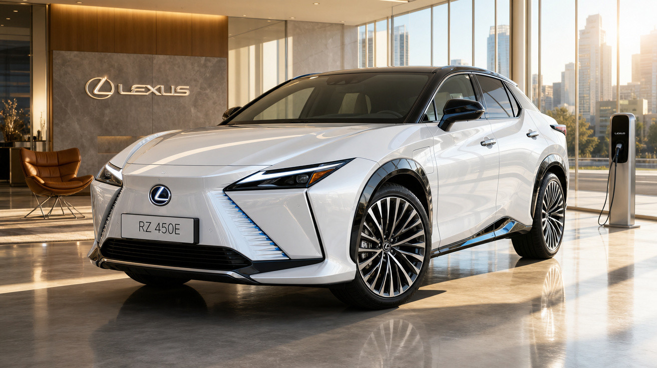 Carro elétrico Lexus RZ 450E branco numa sala de exposição moderna com vistas urbanas ao fundo.