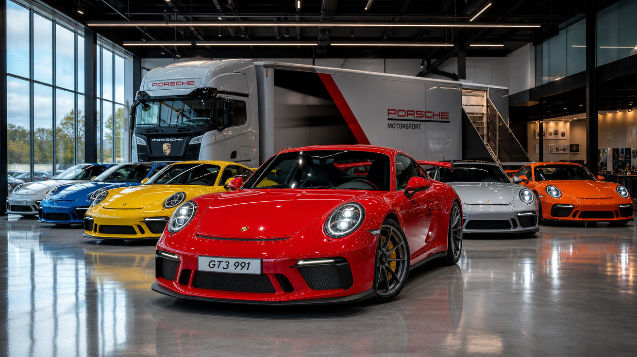 Várias viaturas Porsche desportivas estacionadas em exposição dentro de um edifício moderno e luminoso.