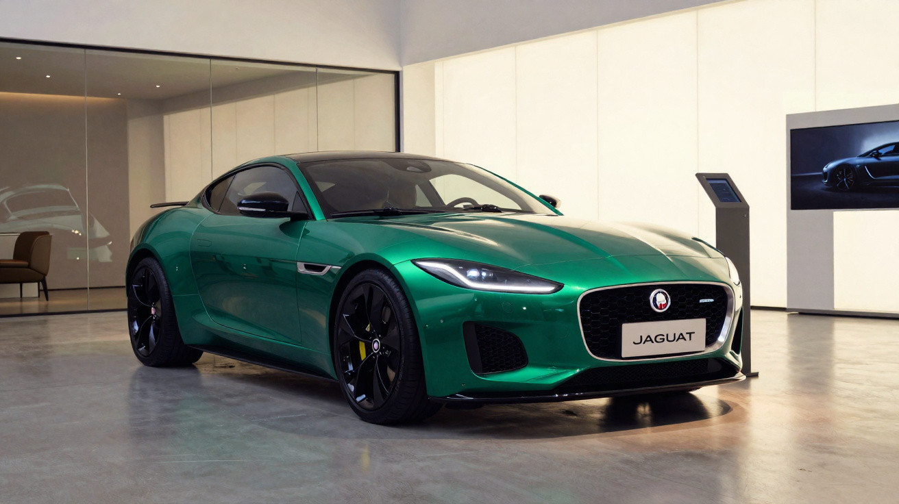 Carro desportivo verde Jaguar estacionado num espaço interior moderno e minimalista.