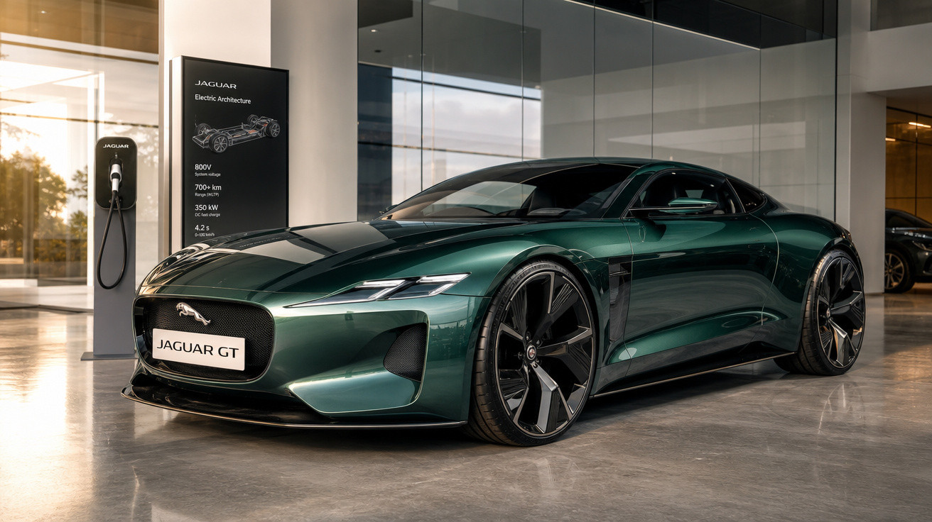 Carro elétrico Jaguar GT verde metálico estacionado em showroom moderno com carregador elétrico.