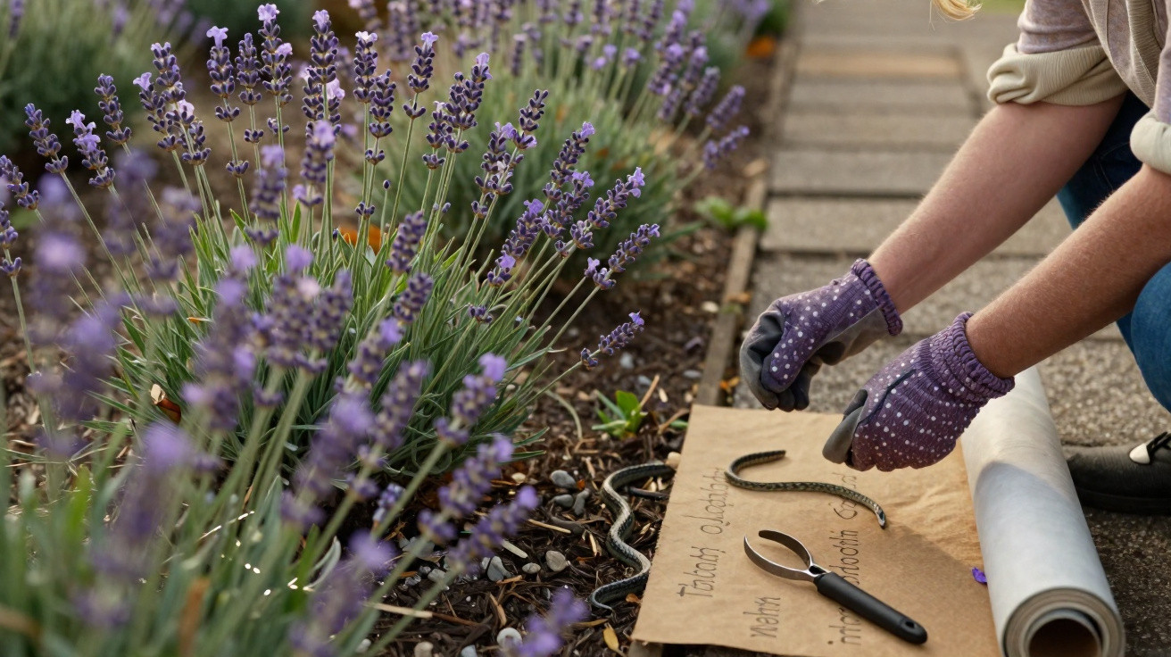 Pessoa com luvas a apanhar uma cobra pequena junto a plantas de lavanda num jardim com ferramentas de jardinagem.